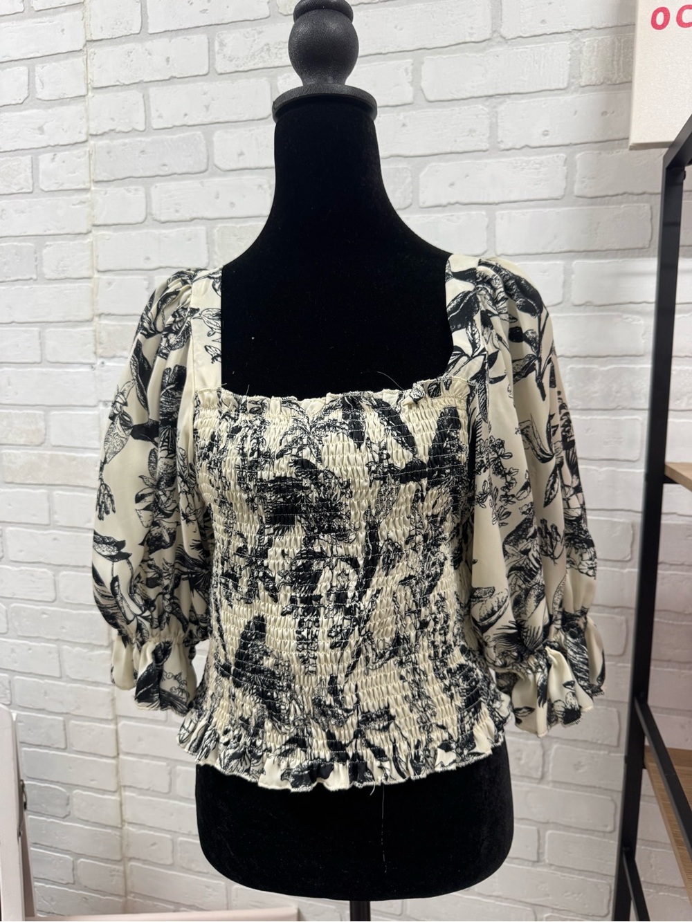 Together Black & Cream Smocked Square Neck Puff Sleeve Top